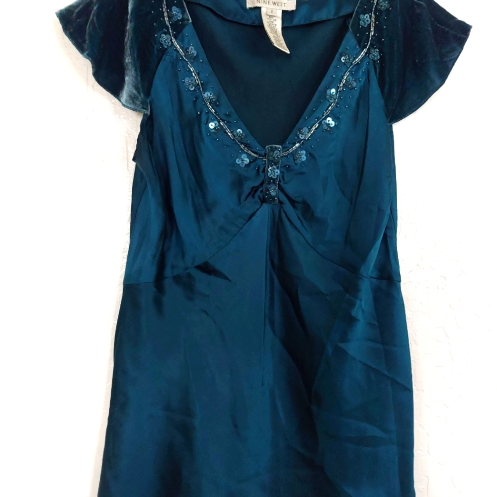 Nine West flutter sleeve teal silk v-neck blouse, velvet, and sequined.